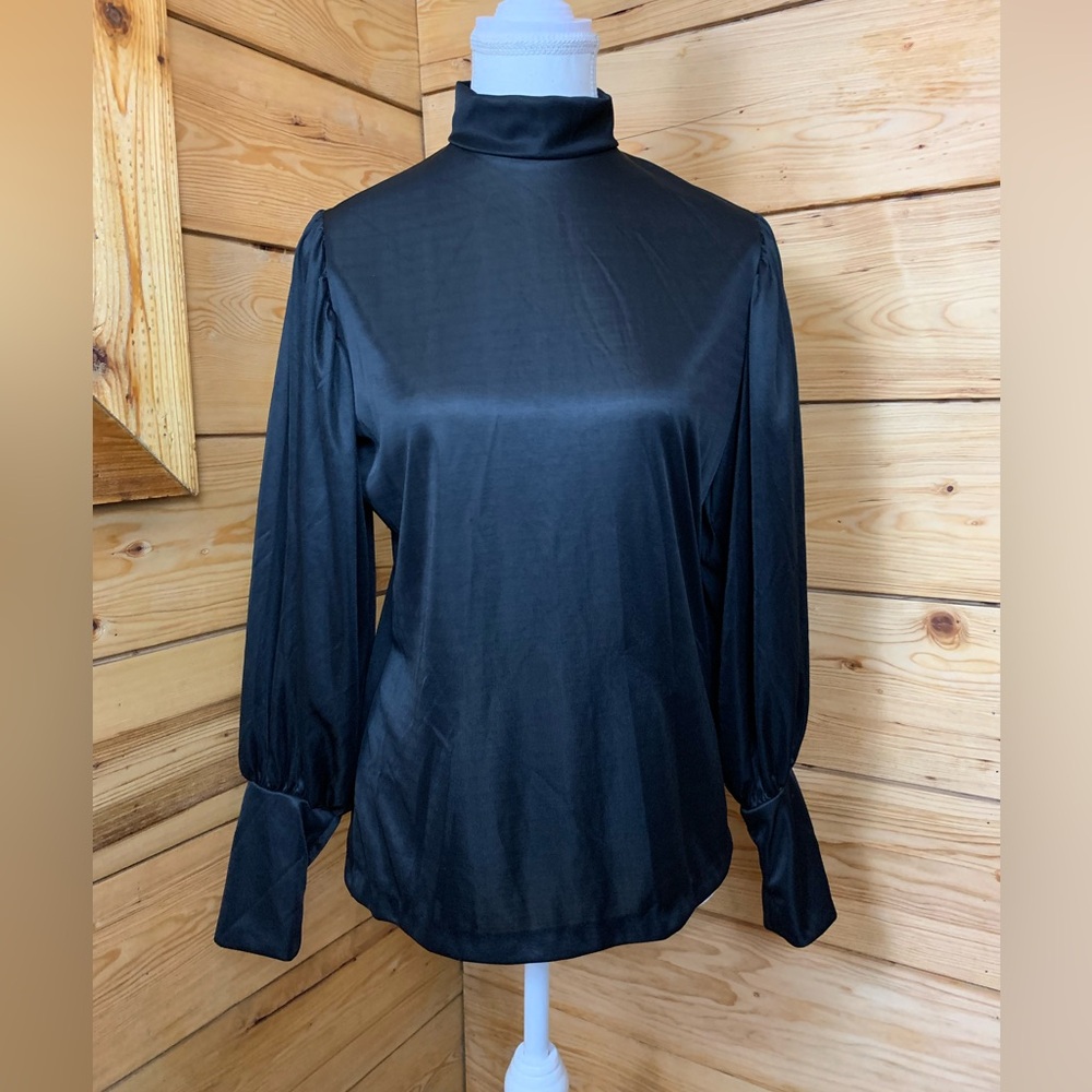 Vintage 1970s Black Sheer Mock Neck‎ Bubble Sleeve Blouse Women 13/14